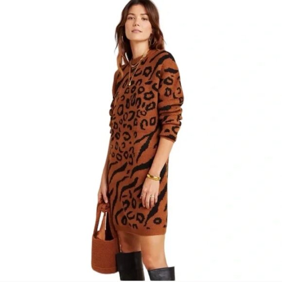 ⭐️ Rilke Leopard Cheetah Cat Chic Glam Girly Winter Classy Tunic Sweater Dress - Picture 1 of 9